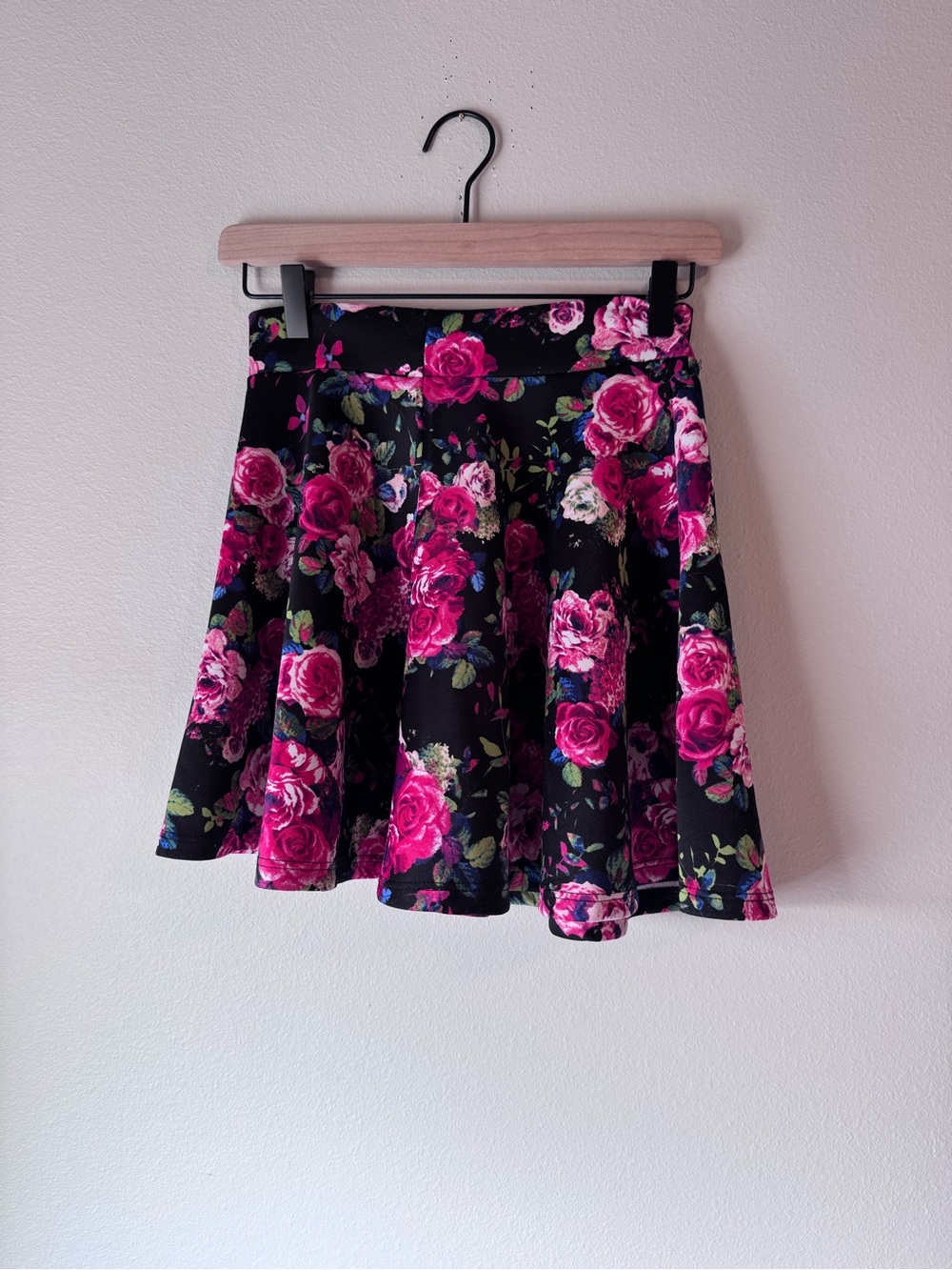 Charlotte Russes Floral Black/Pink Rose Print Skater Skirt
